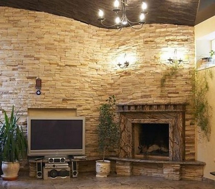 Stacked Stone Wall with Fireplace