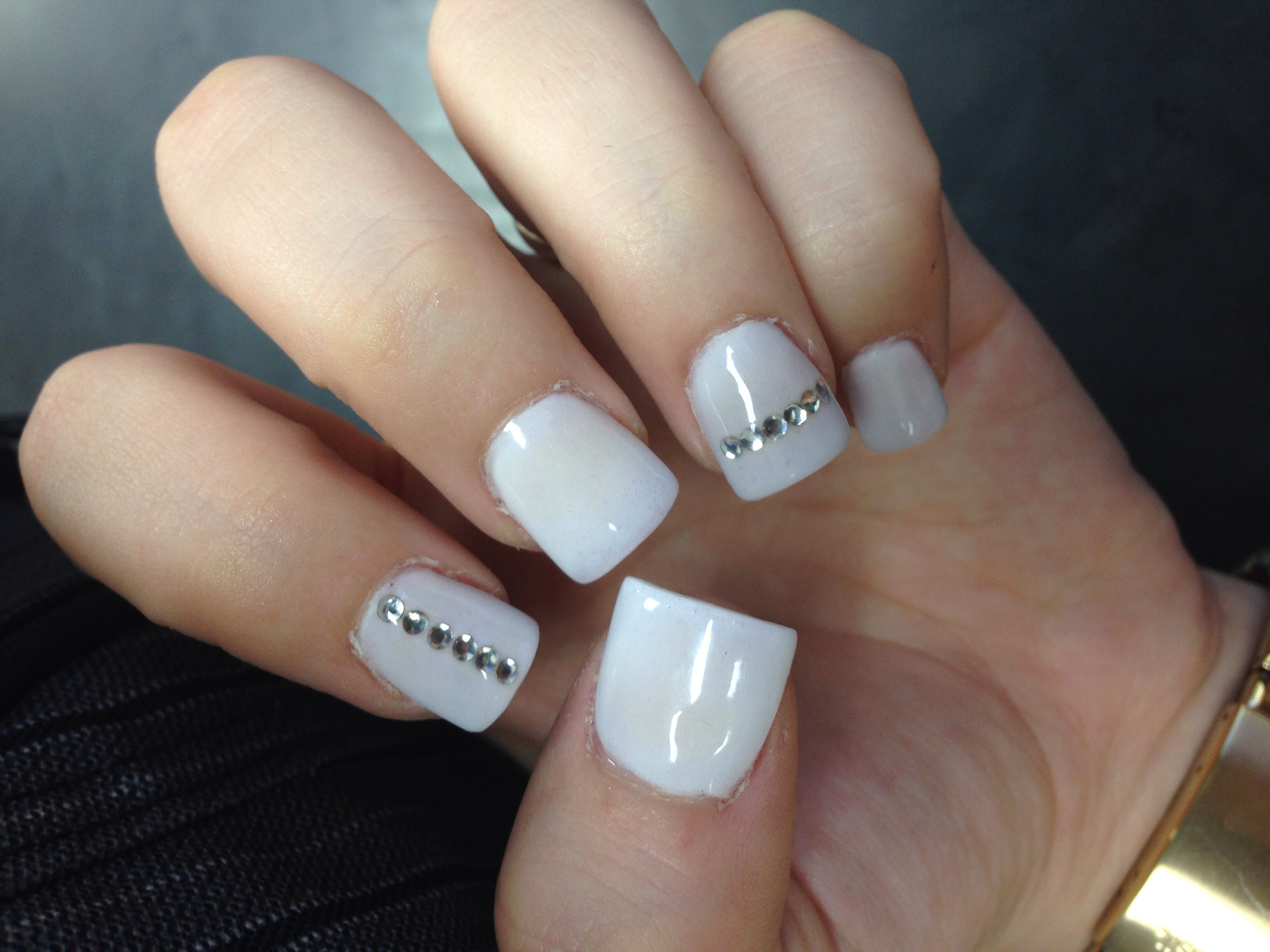 All White Nails with Rhinestones