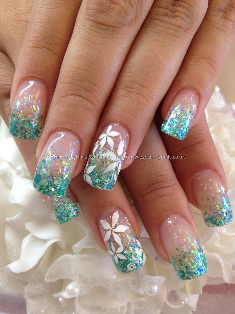 Teal Acrylic Nails with Glitter