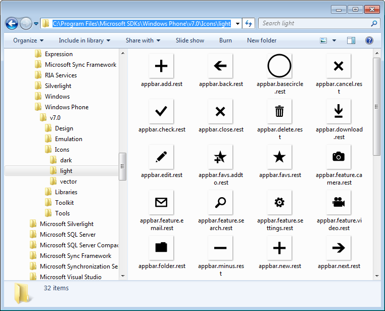 Windows Phone App Bar Icons