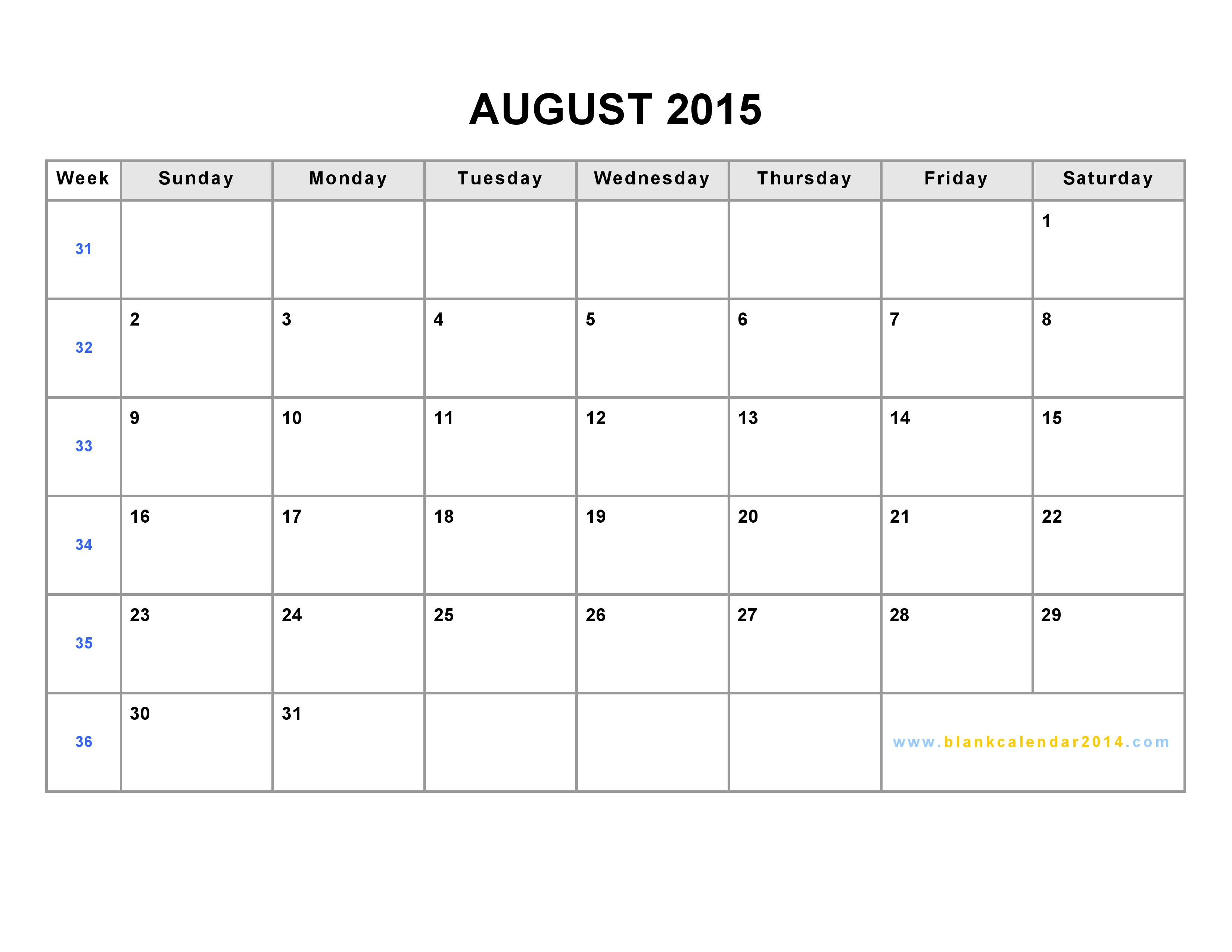 August 2015 Calendar Printable PDF