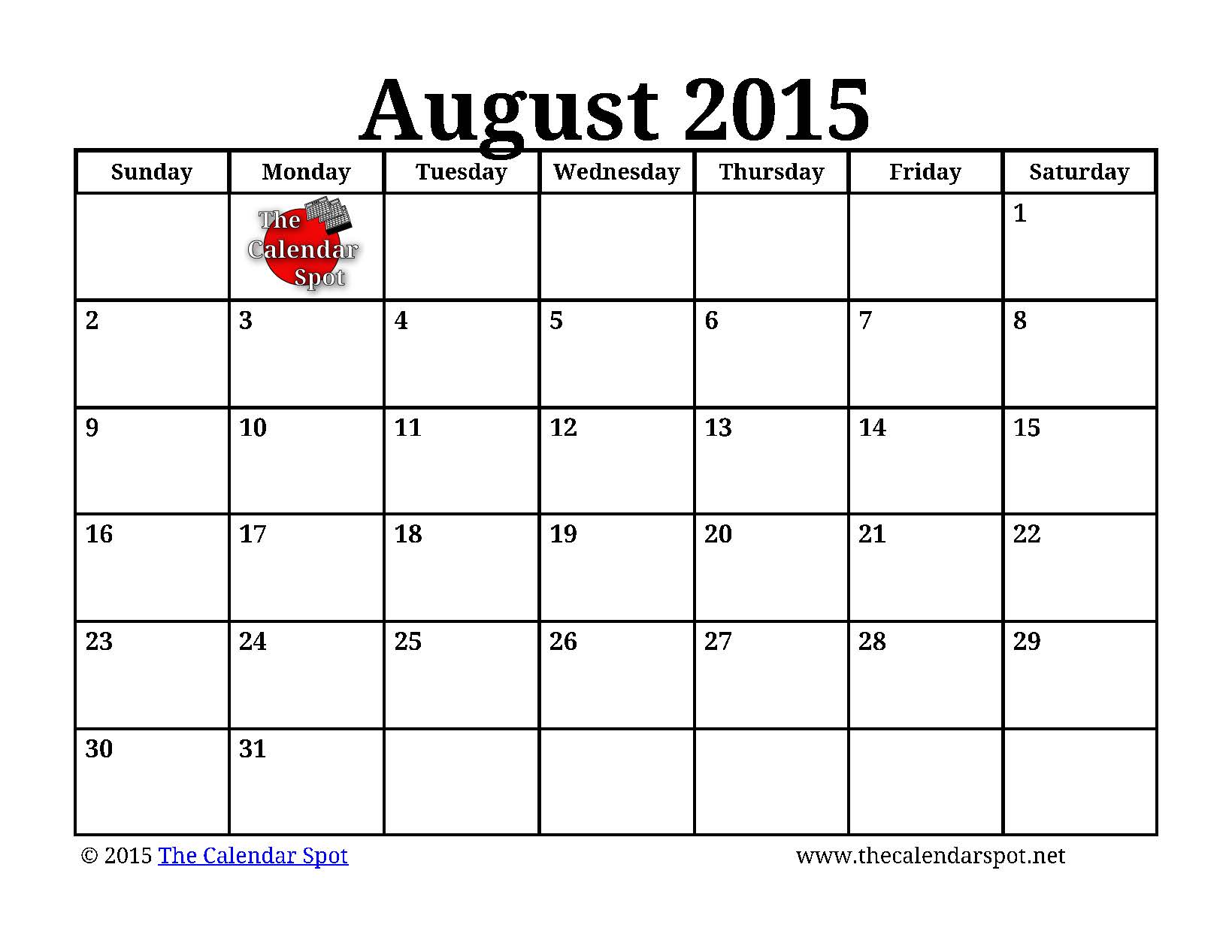 August 2015 Calendar Printable PDF