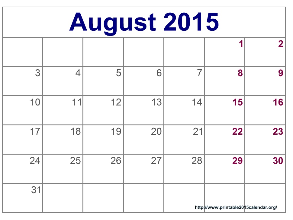 August 2015 Calendar Printable Template