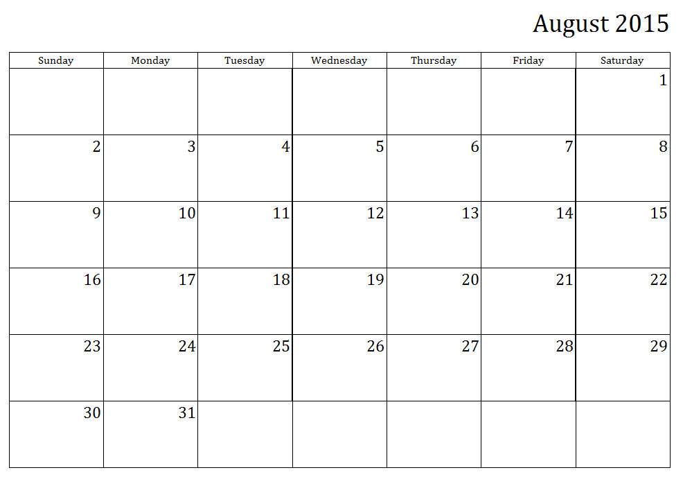 August 2015 Calendar Printable Template