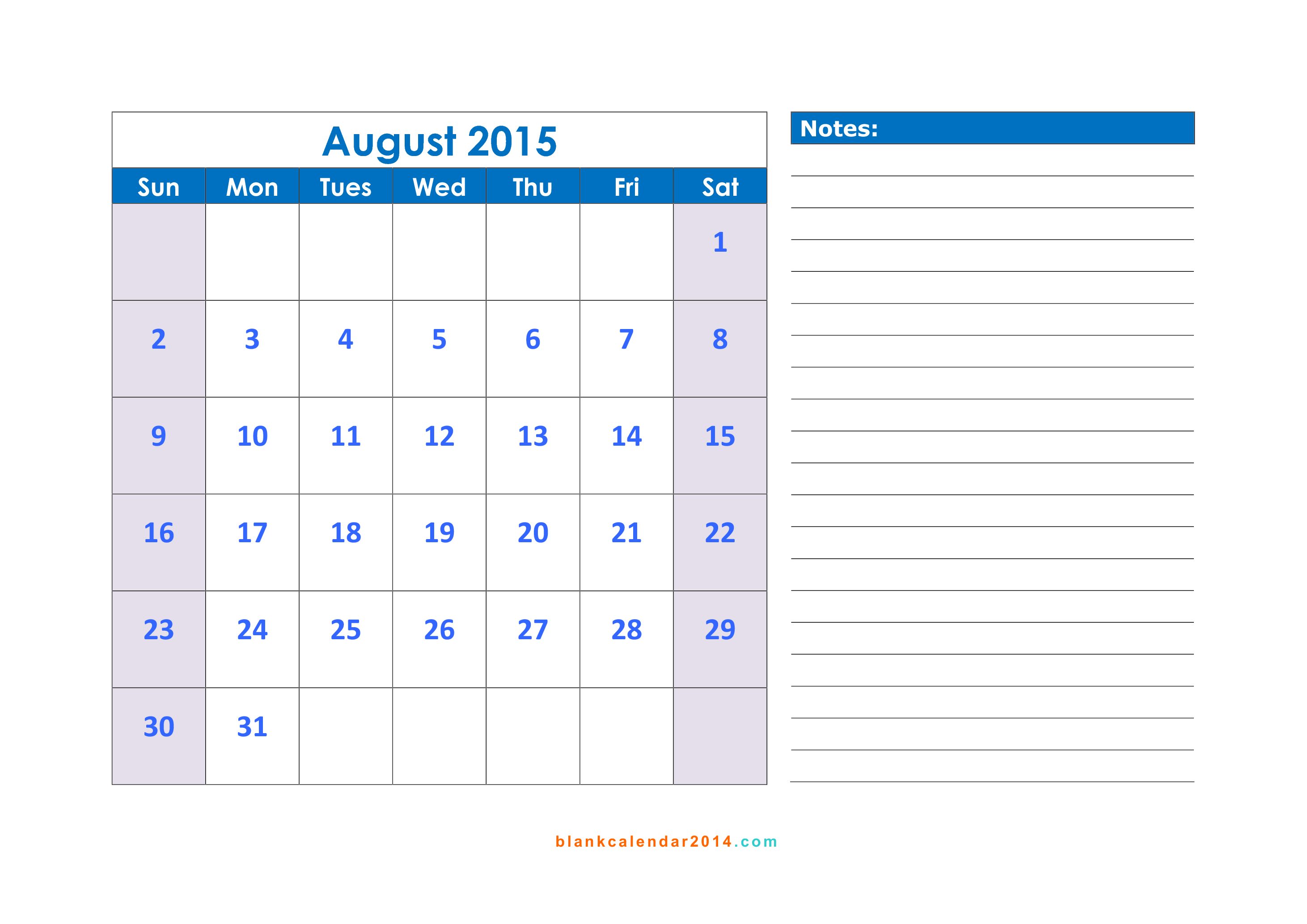 August 2015 Calendar Printable Template