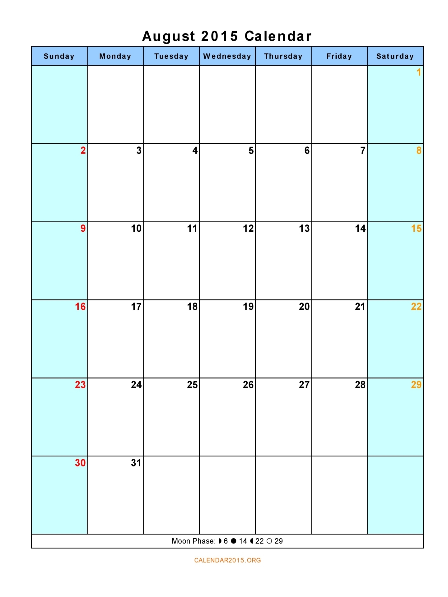 August 2015 Calendar Printable Template