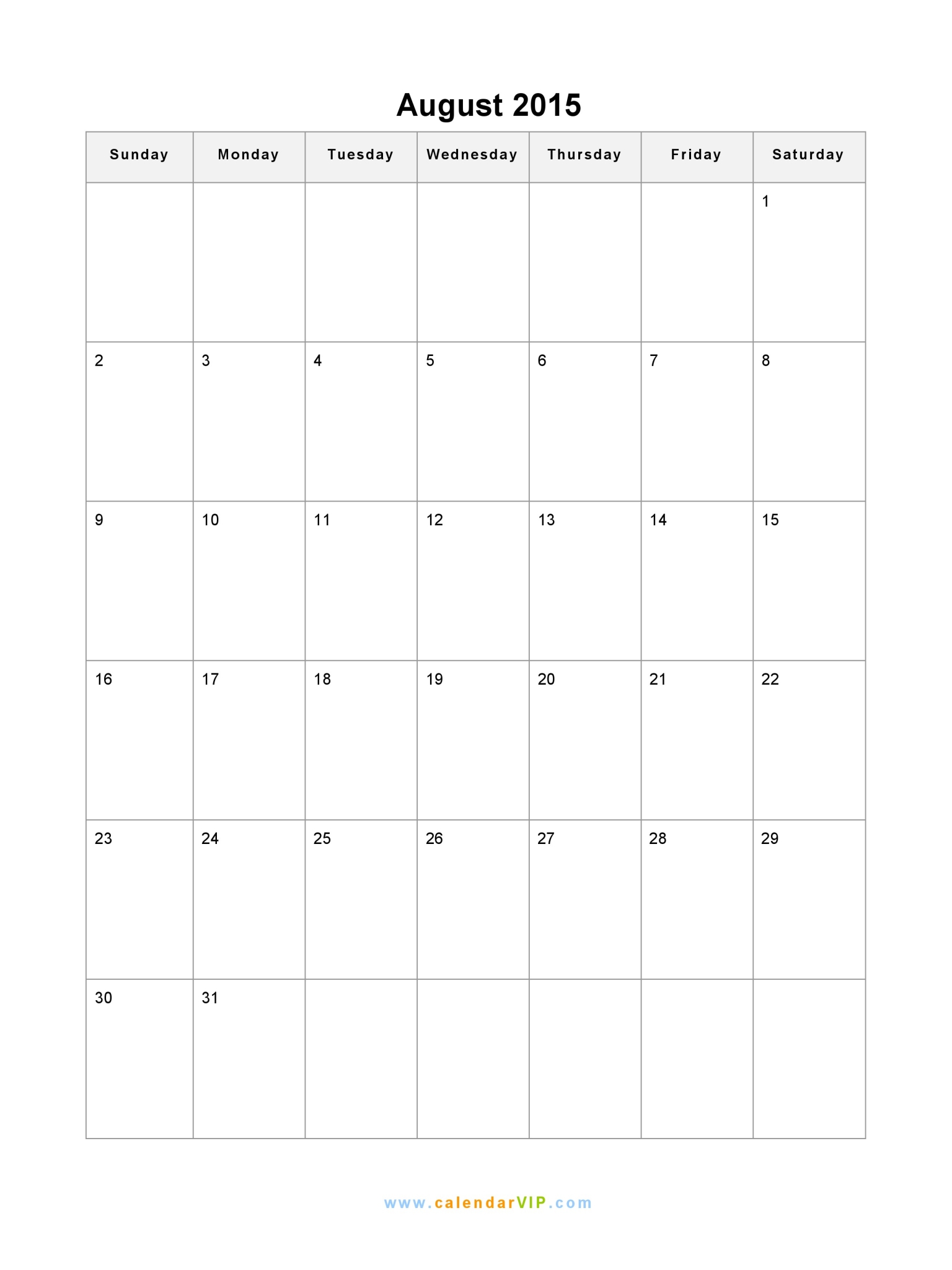 August 2015 Calendar Printable Template