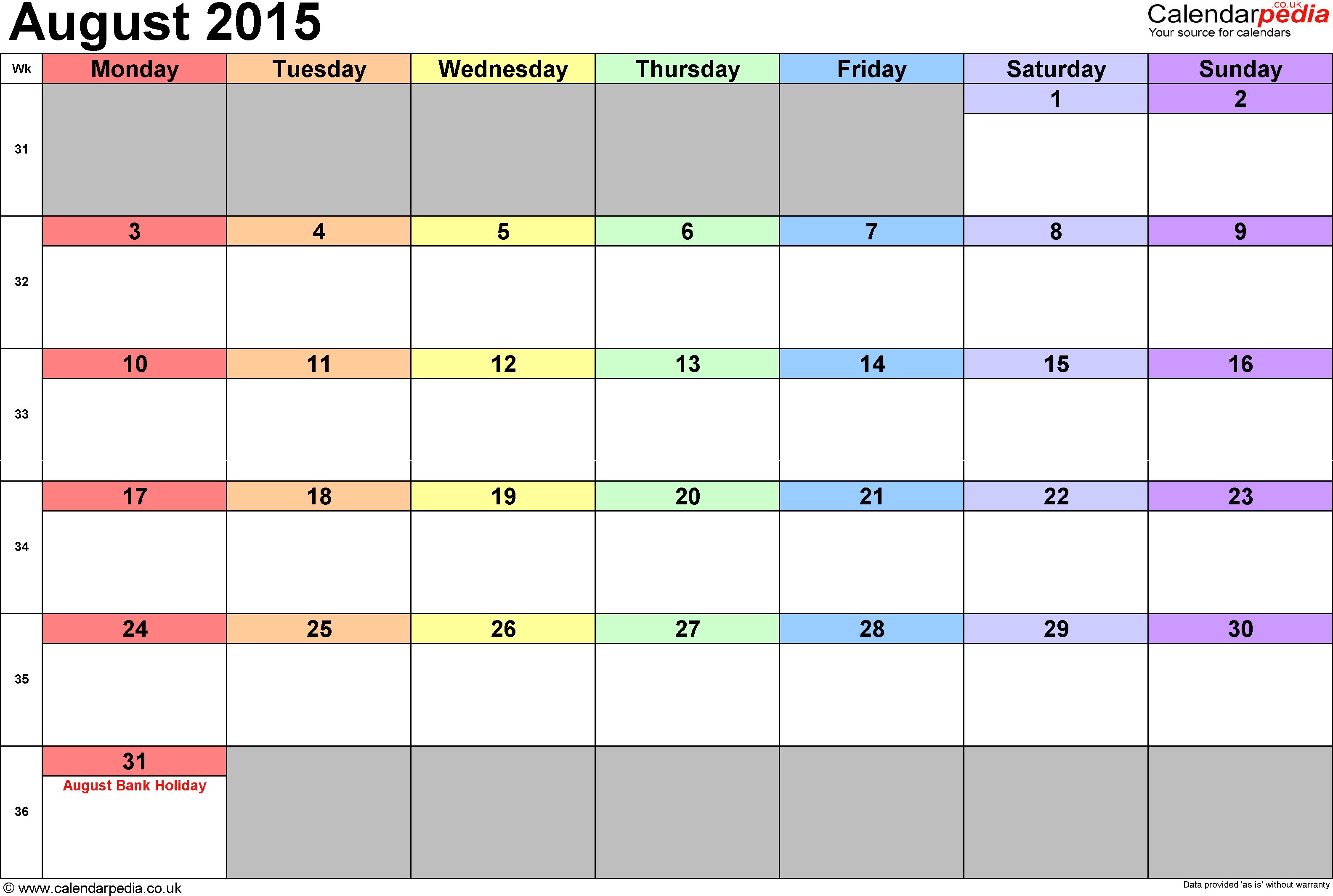 August 2015 Calendar with Holidays