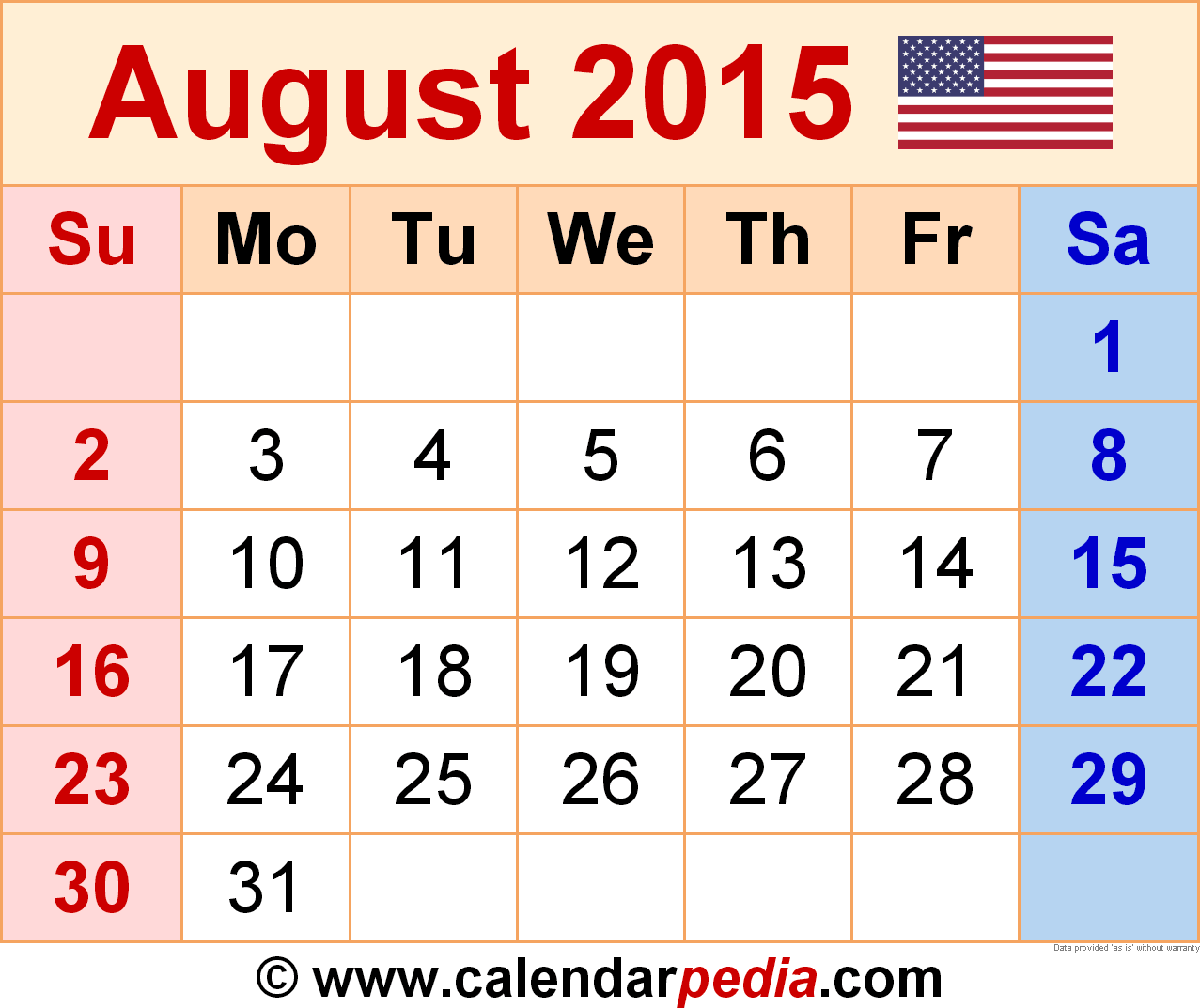 August 2015 Calendar with Holidays