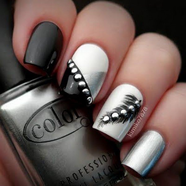 Feather White and Silver Nail Designs