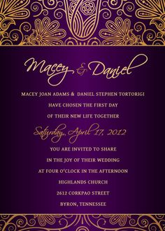 Purple and Gold Wedding Invitation