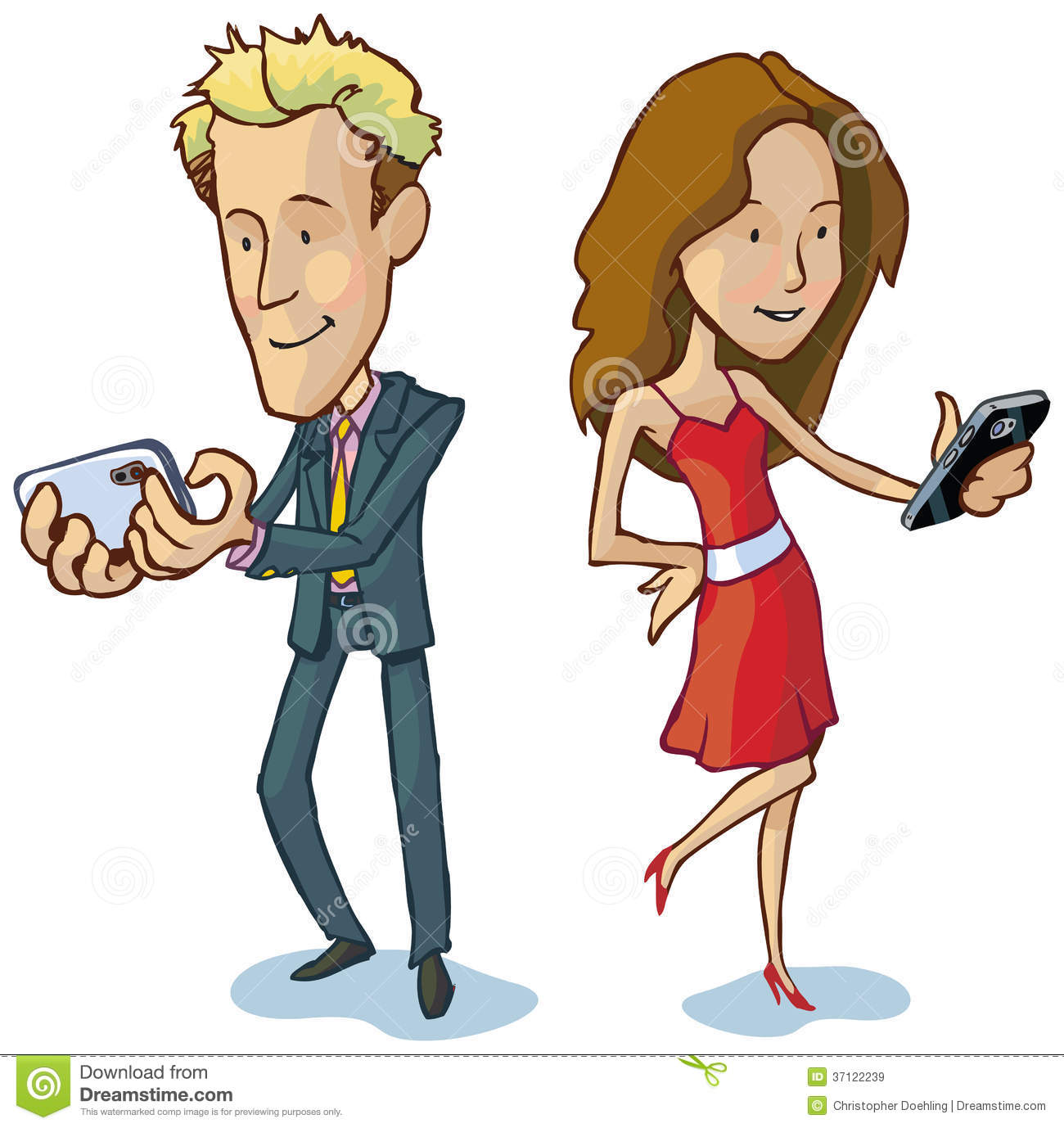 Vector of Man and Woman Texting Cartoon
