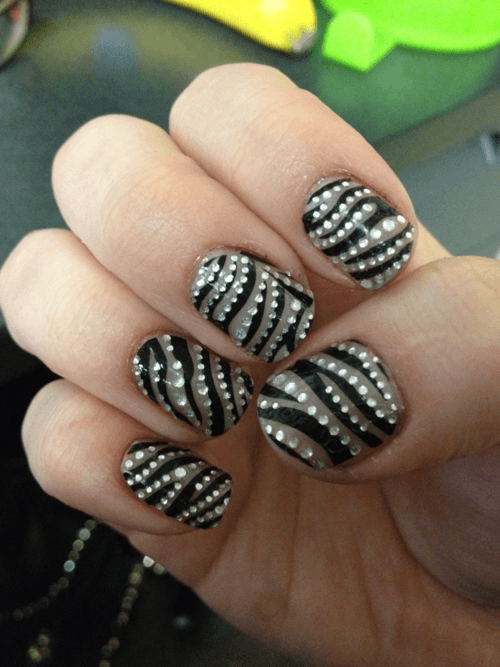 Zebra Nail Design with Rhinestones