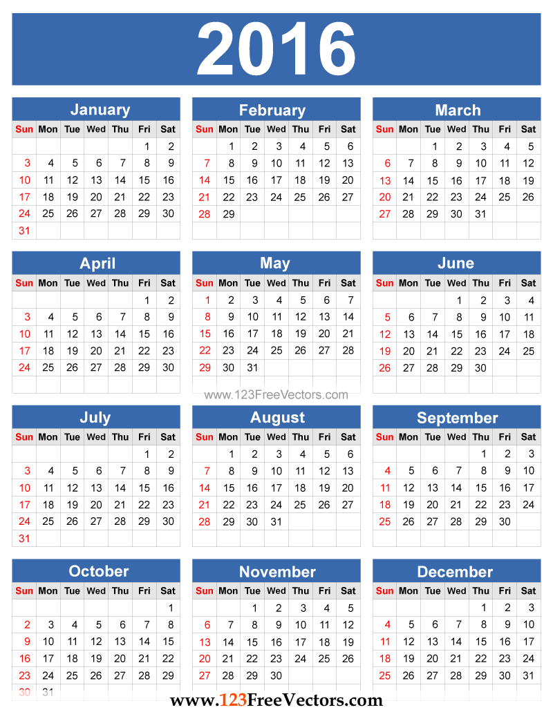 2016 Calendar Printable Free Download