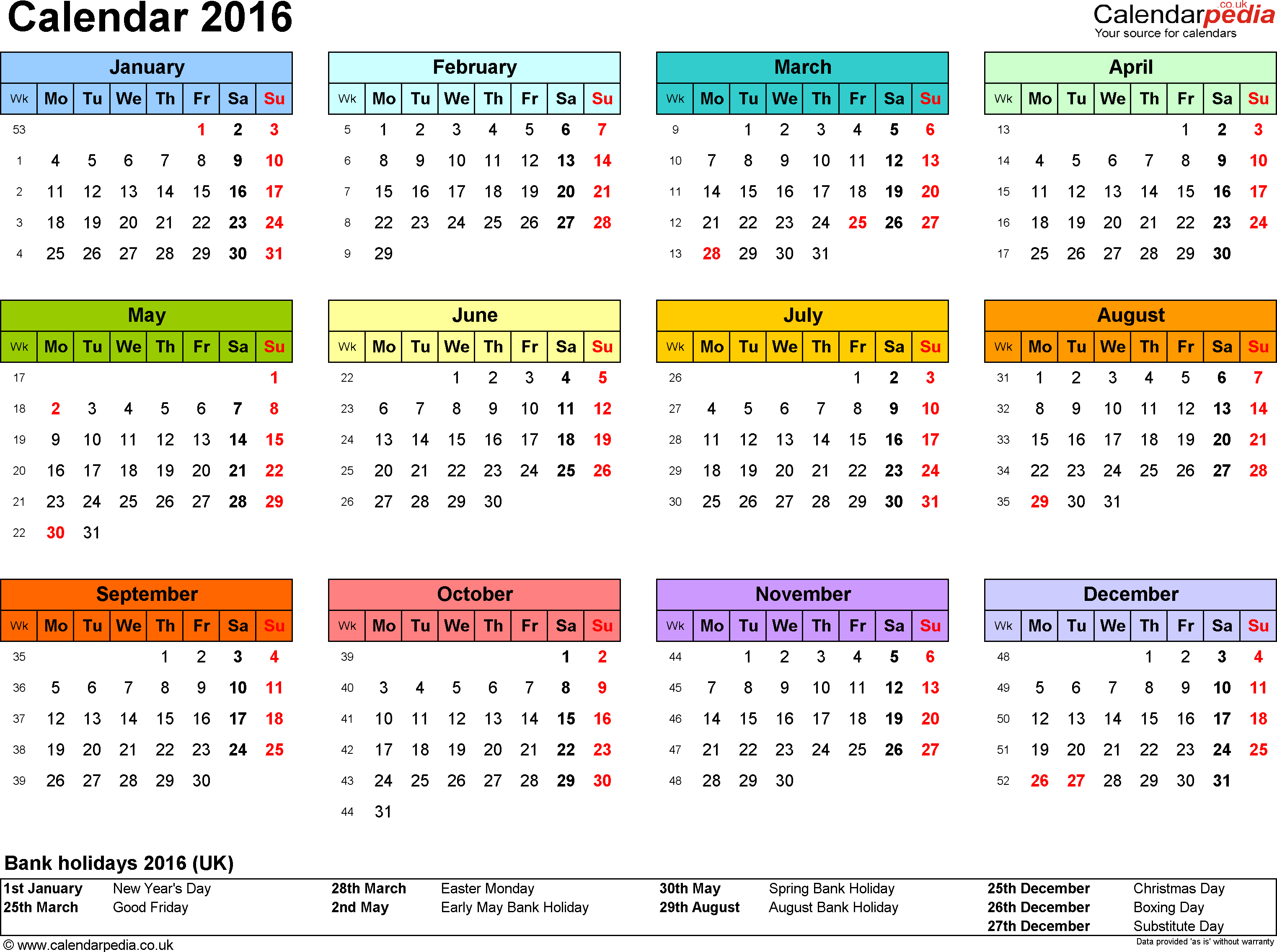 2016 Calendar Printable