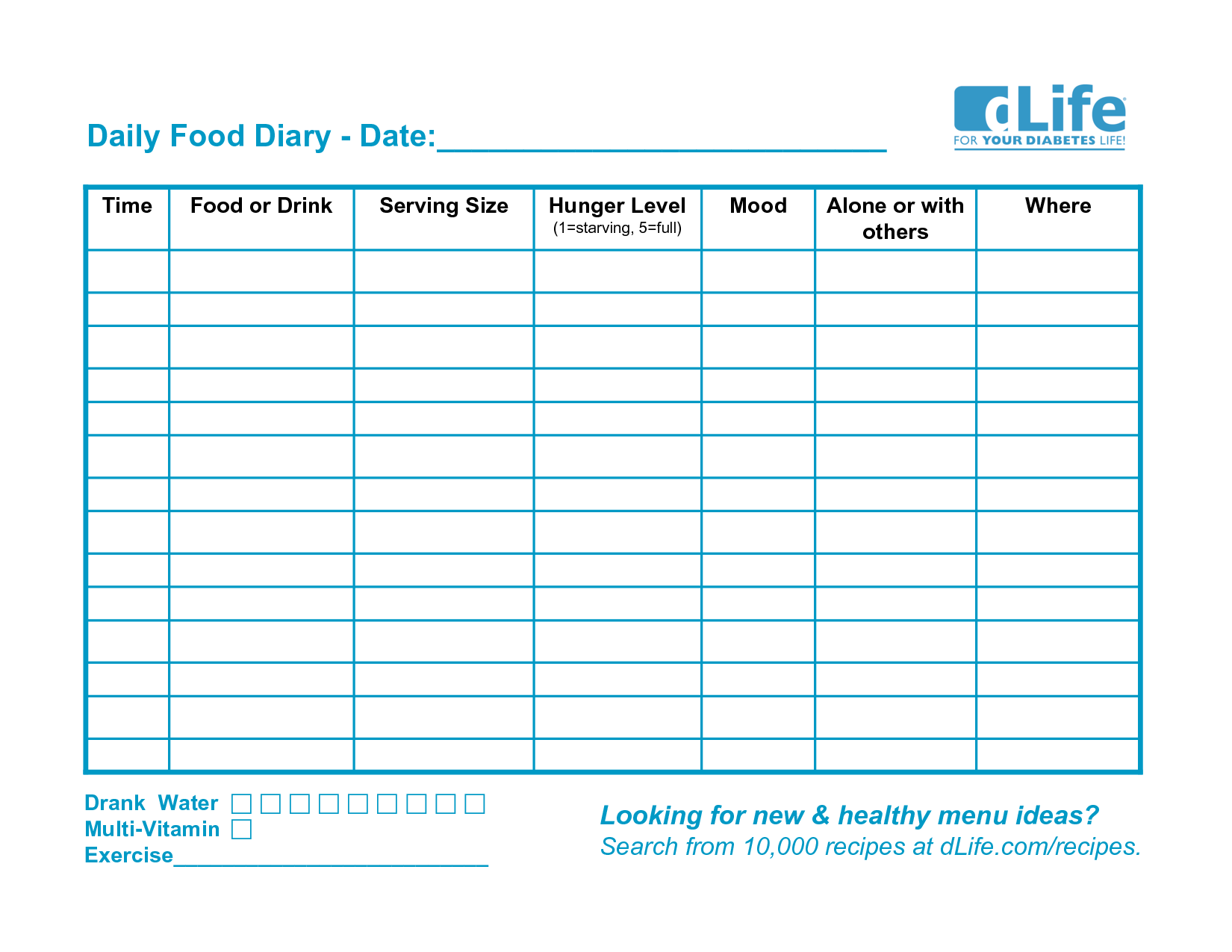 Daily Food Diary Template Printable