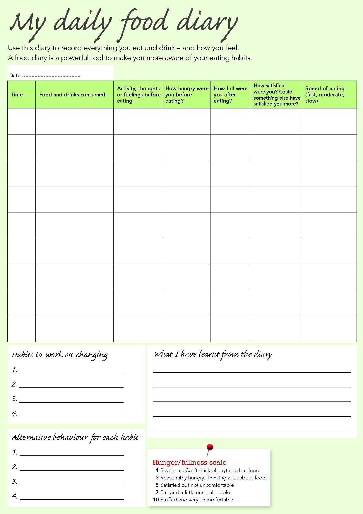 Daily Food Diary Template Printable