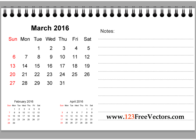 March Calendar 2016 Printable with Notes