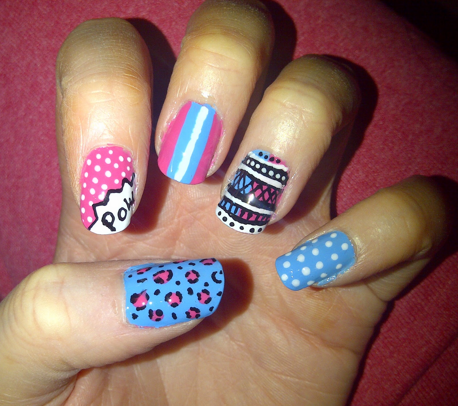 Pink White and Blue Nail Designs