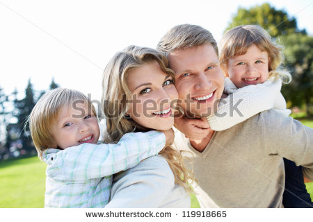 5 Photos of Happy Family Outdoors Stock Photo