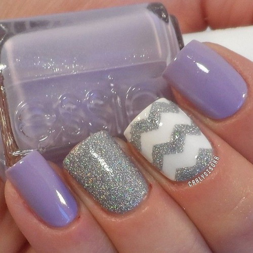 Purple White and Silver Nails