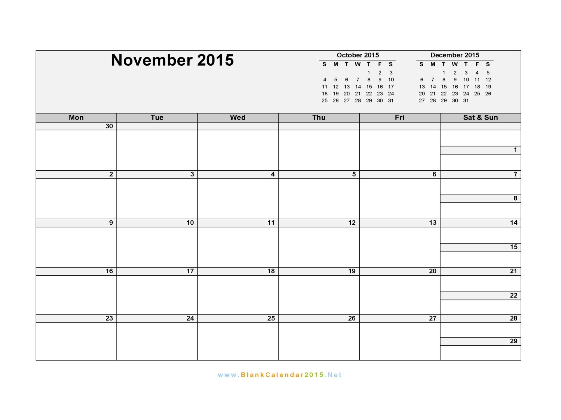 Blank Monthly Calendar Template 2015