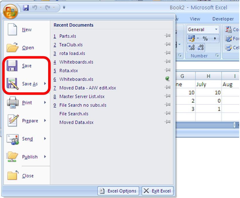 Microsoft Excel Save Button