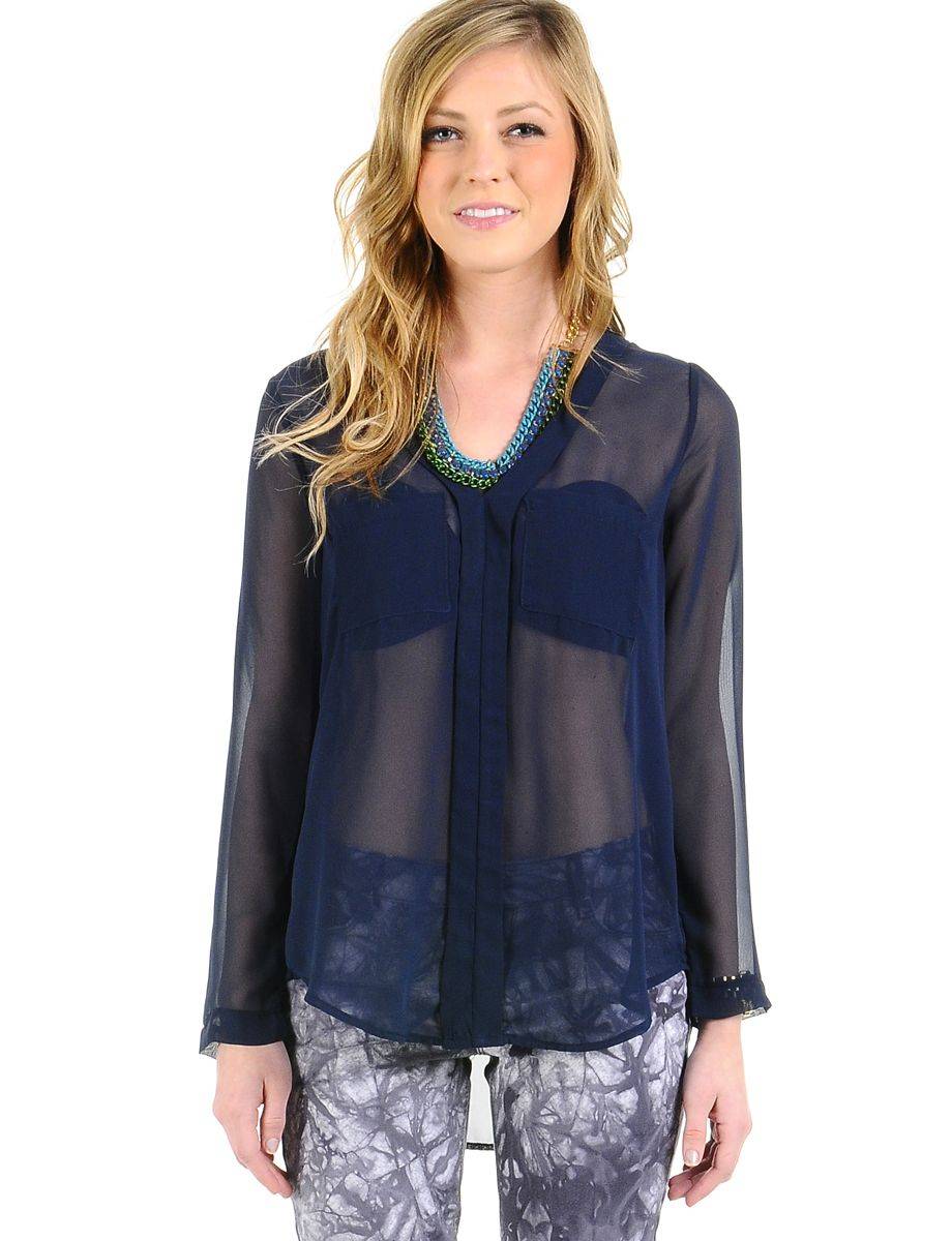 Navy Blue Sheer Blouses