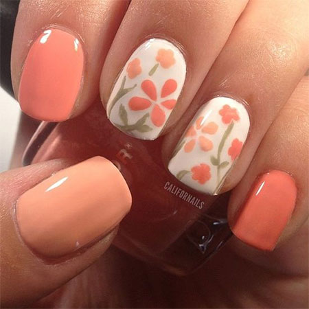 Peach Nails with Flowers