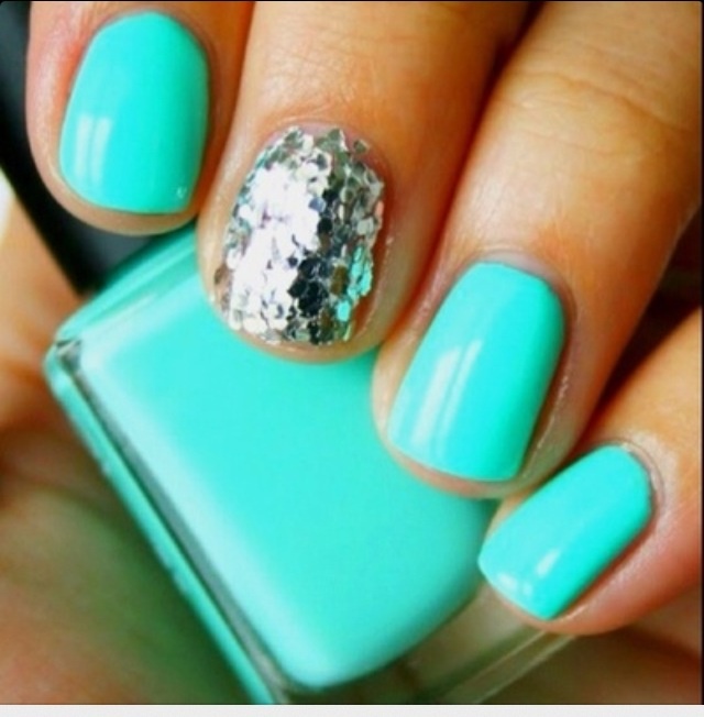 Tiffany Blue and Silver Glitter Nails