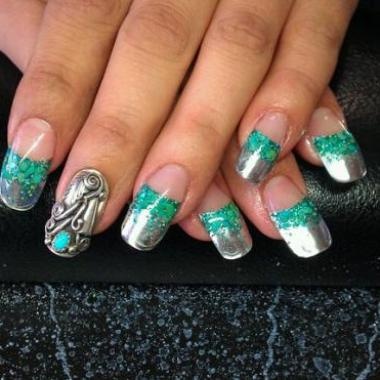 Turquoise and Silver Nail Design