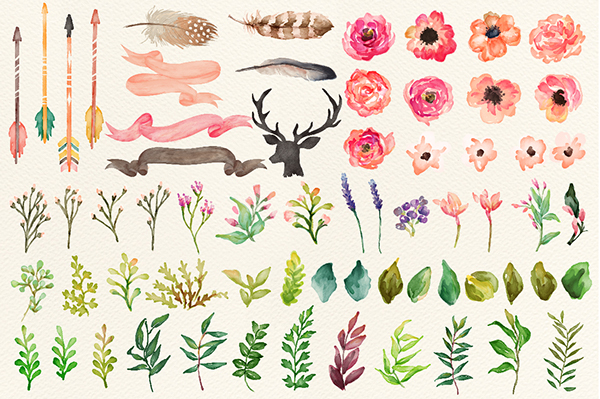 Watercolor Flower Elements