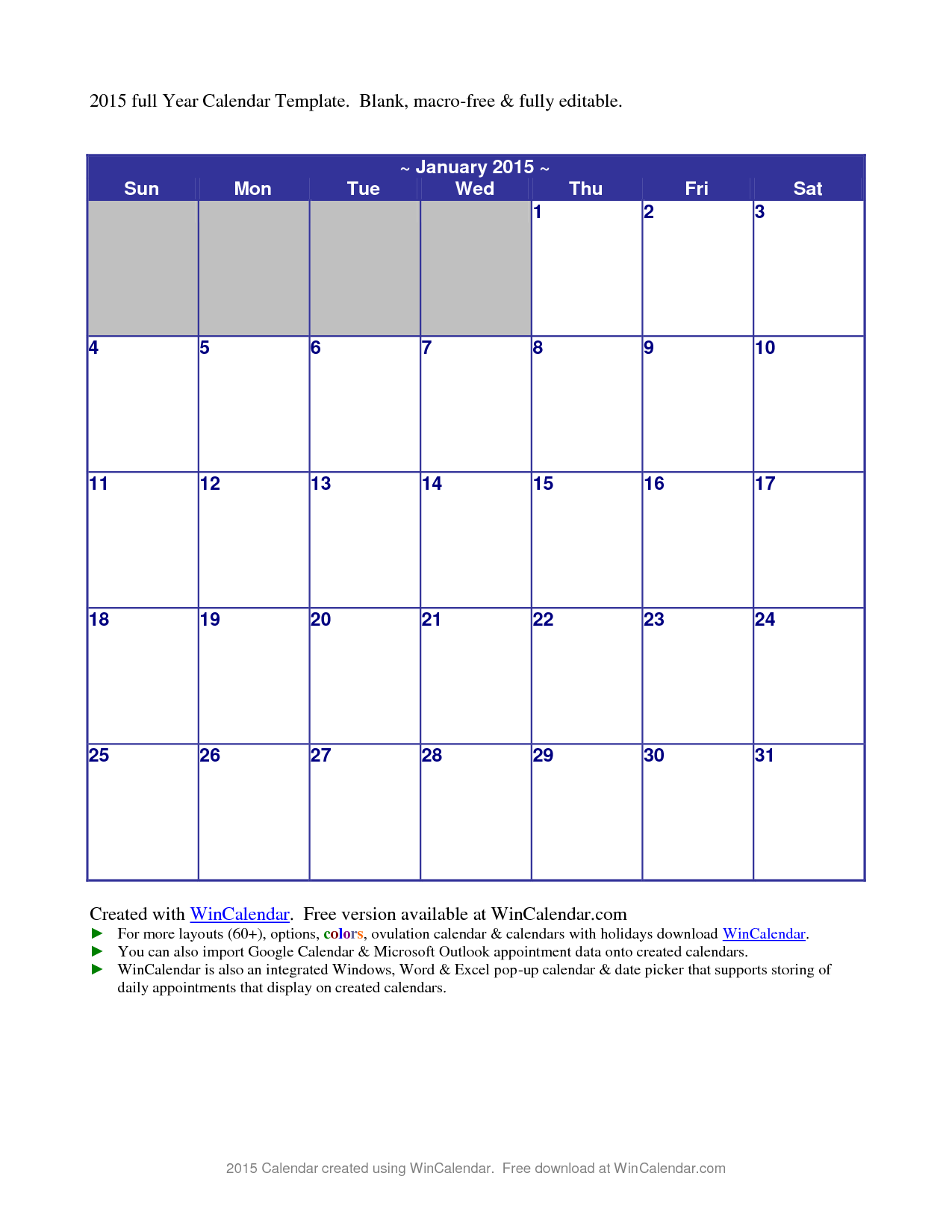 2015 Full Year Calendar Template
