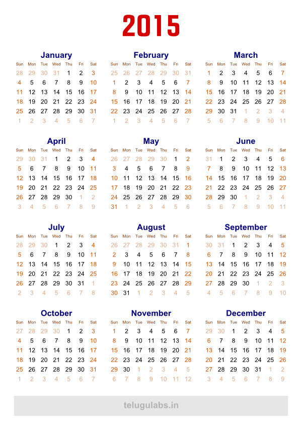 2015 Yearly Calendar Printable Free PDF