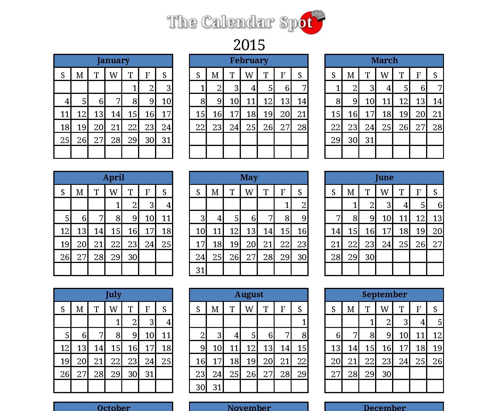 2015 Yearly Calendar Printable One Page