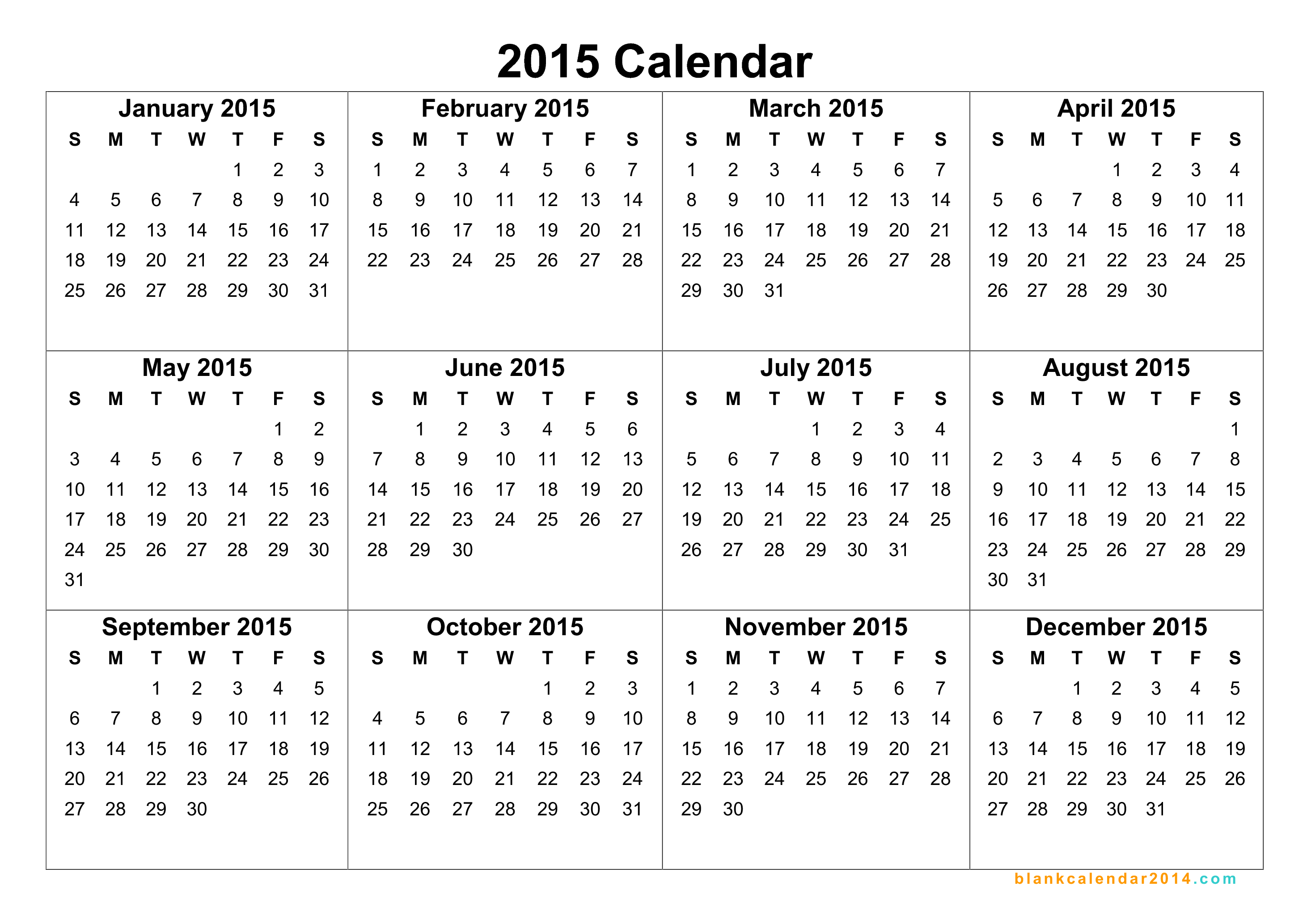 2015 Yearly Calendar Printable