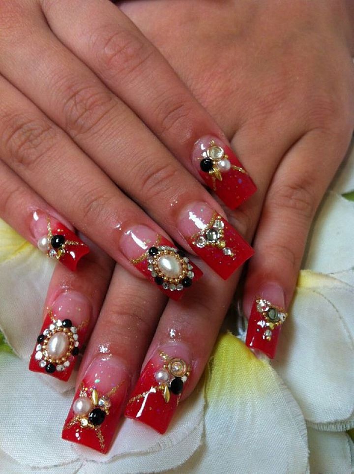 Red Acrylic Nails with Design