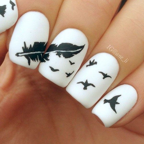 Feather with Birds Nail Design