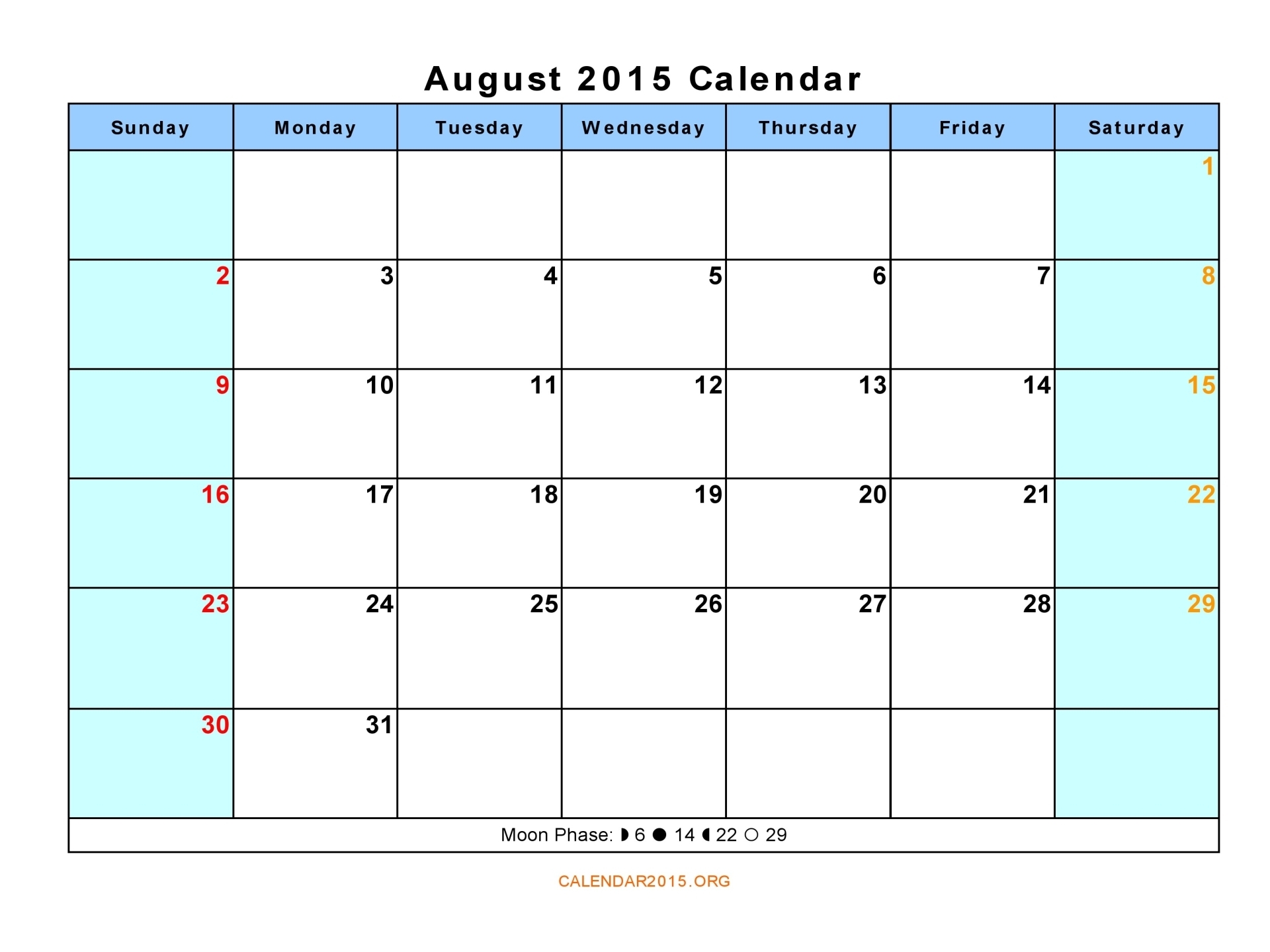 Printable 2015 Monthly Calendar Template