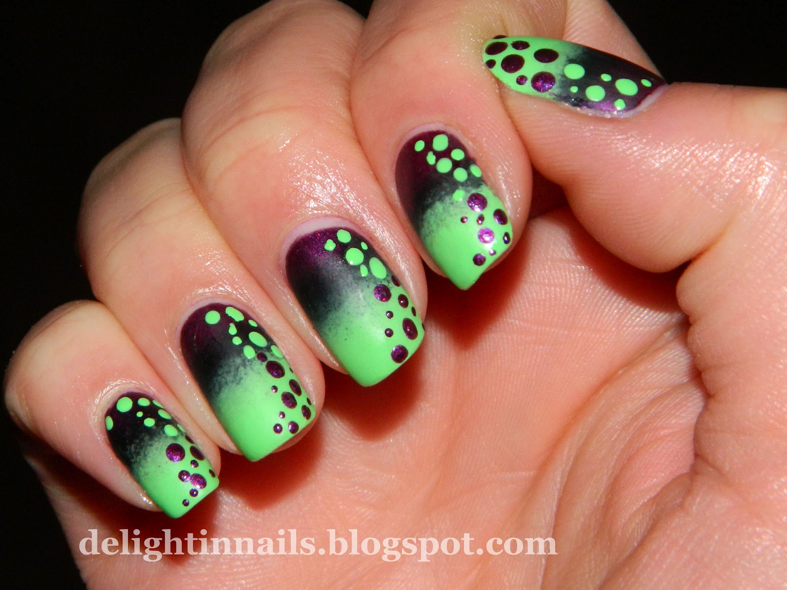 Purple and Green Nail Art Designs