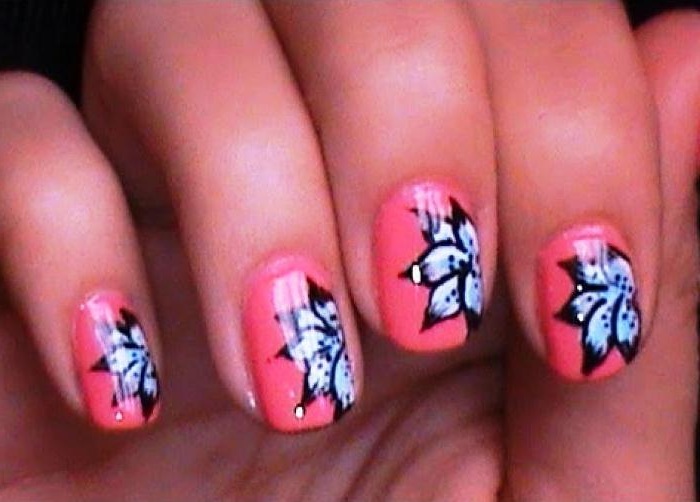 Black Nails with Flower Design