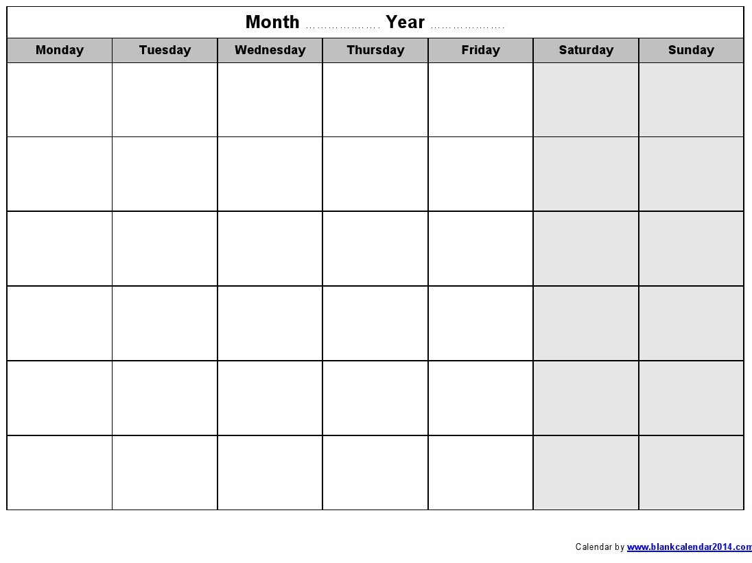 Printable Blank Monthly Calendar Templates Monday