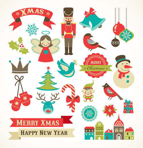 Retro Elements Vector Christmas and New Year Icons