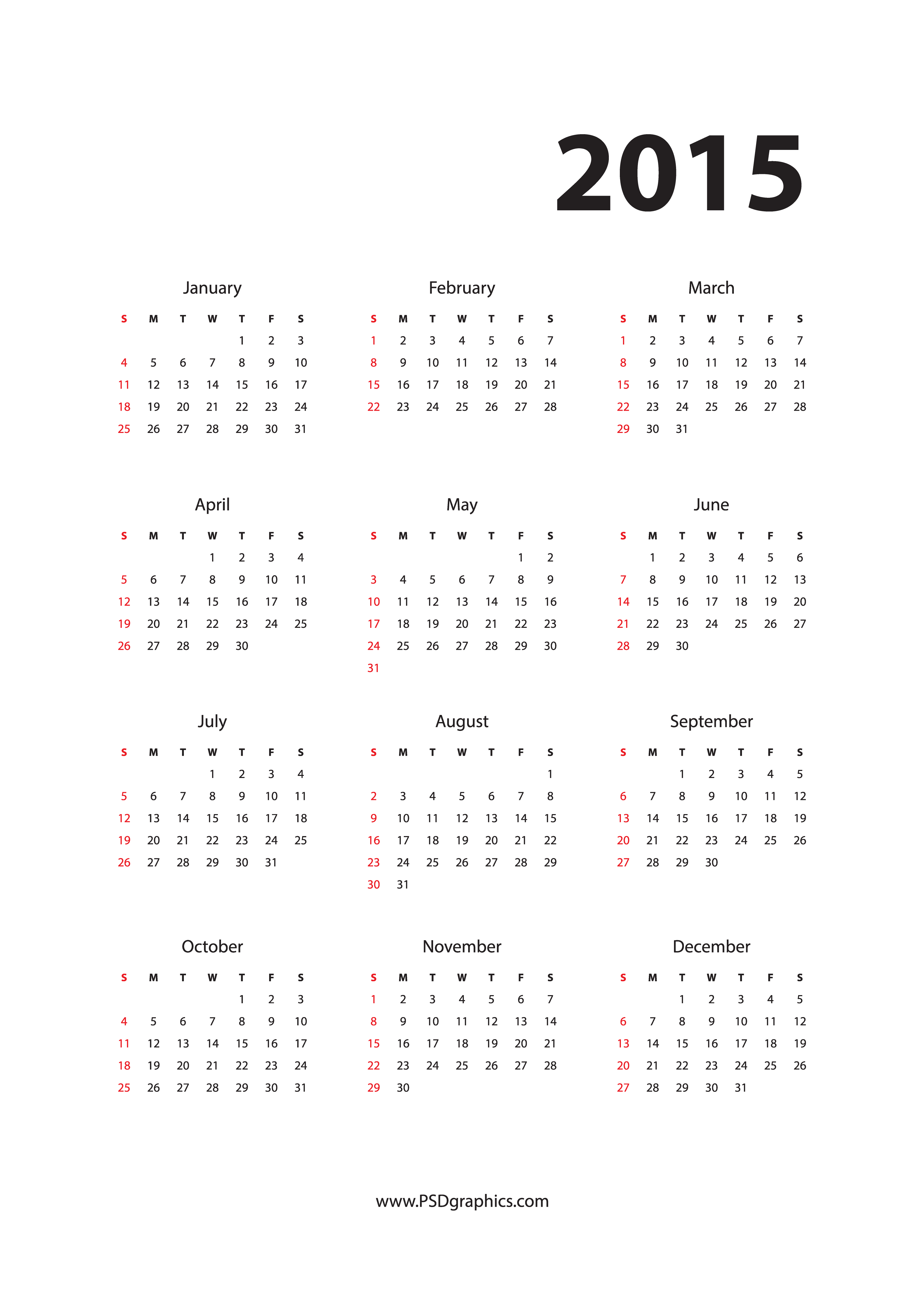 14 2015 Yearly Calendar Template PSD Images