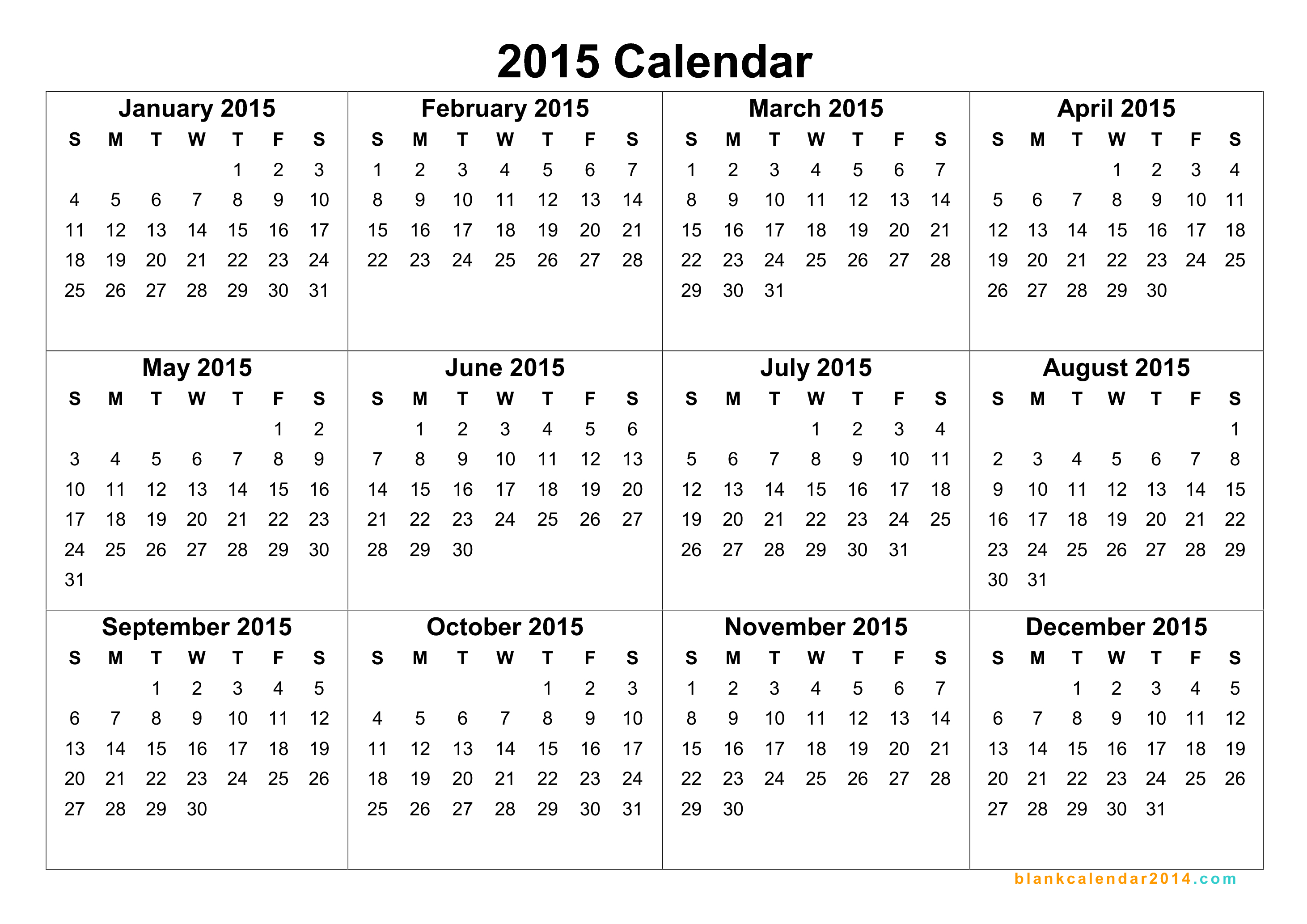 2015 Yearly Calendar Printable 2015 Yearly Calendar Printable