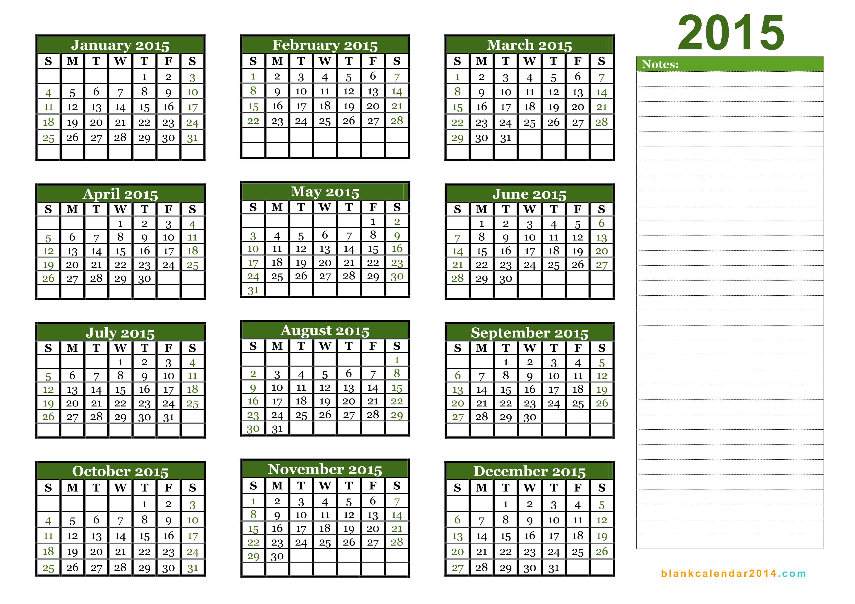 2015 Yearly Calendar Template