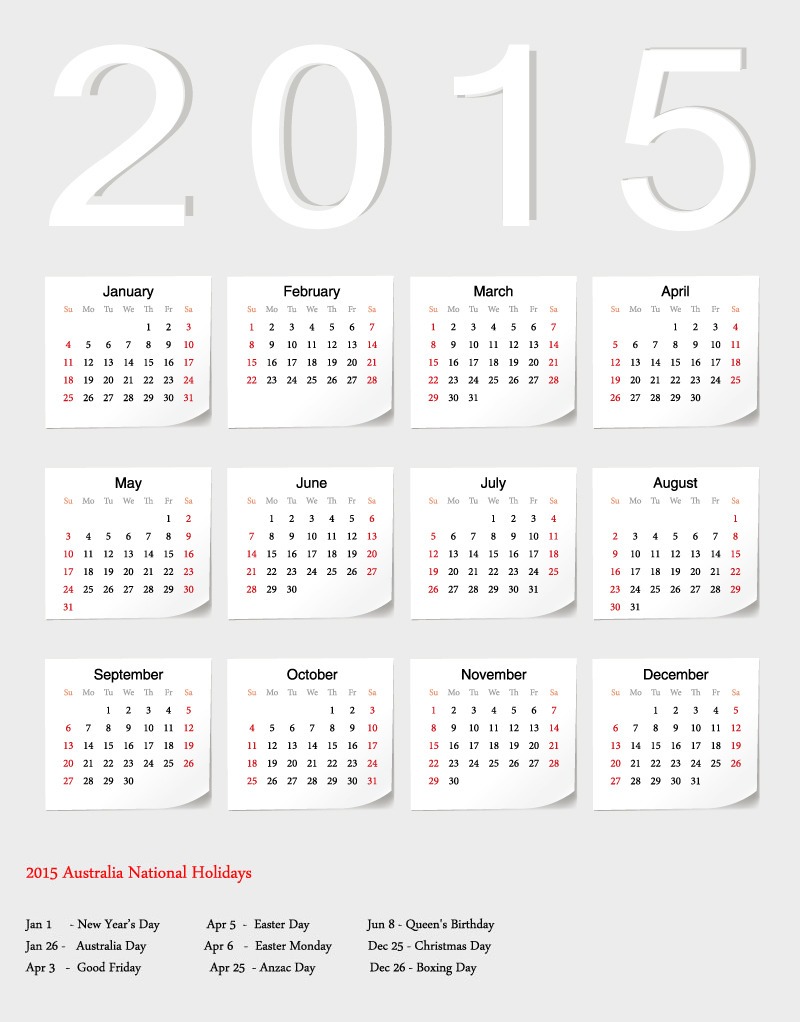 2015 Yearly Calendar with Holidays