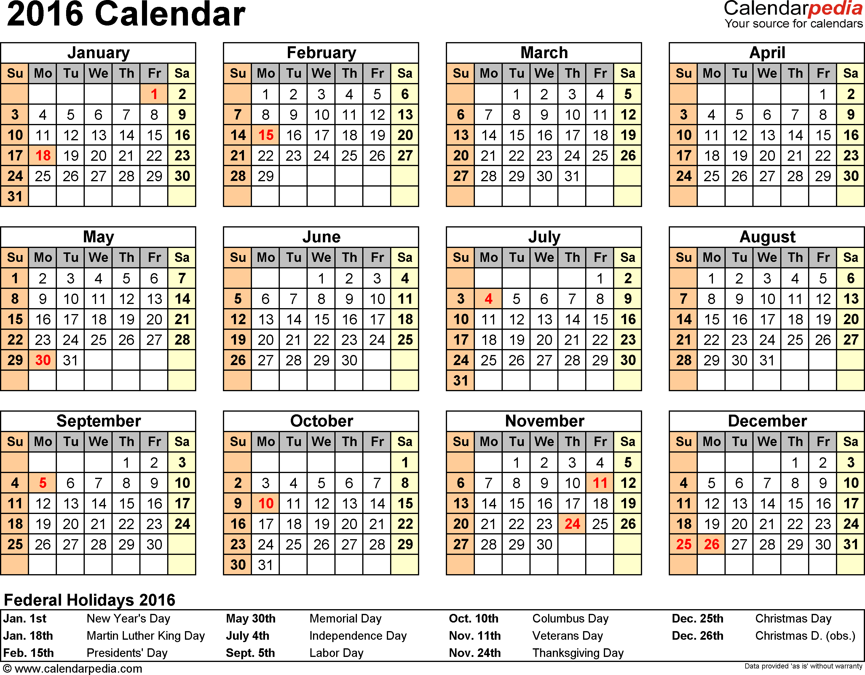 2015 Calendar with Holidays