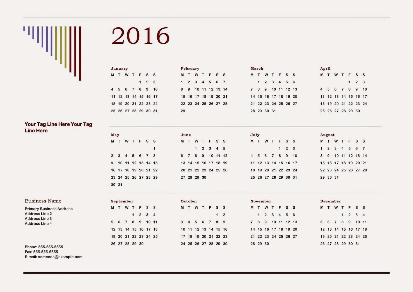2016 Calendar Printable Free PDF
