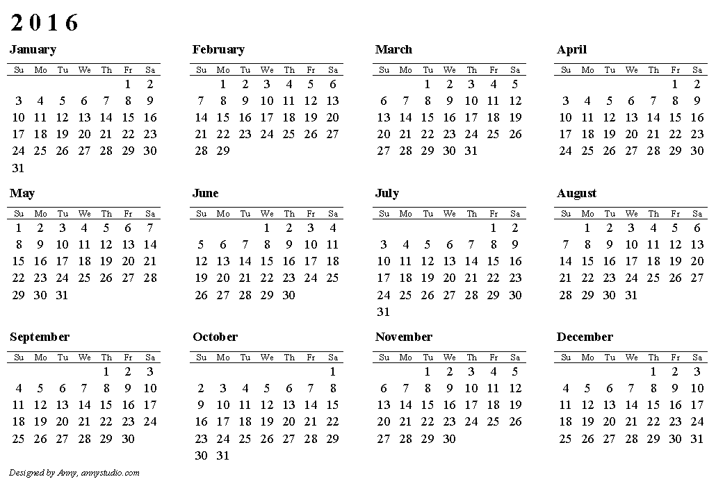 2016 Calendar Printable Org